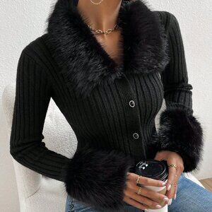 Black Preppy Women's Fur Collar Long Sleeve Knitted Cardigan